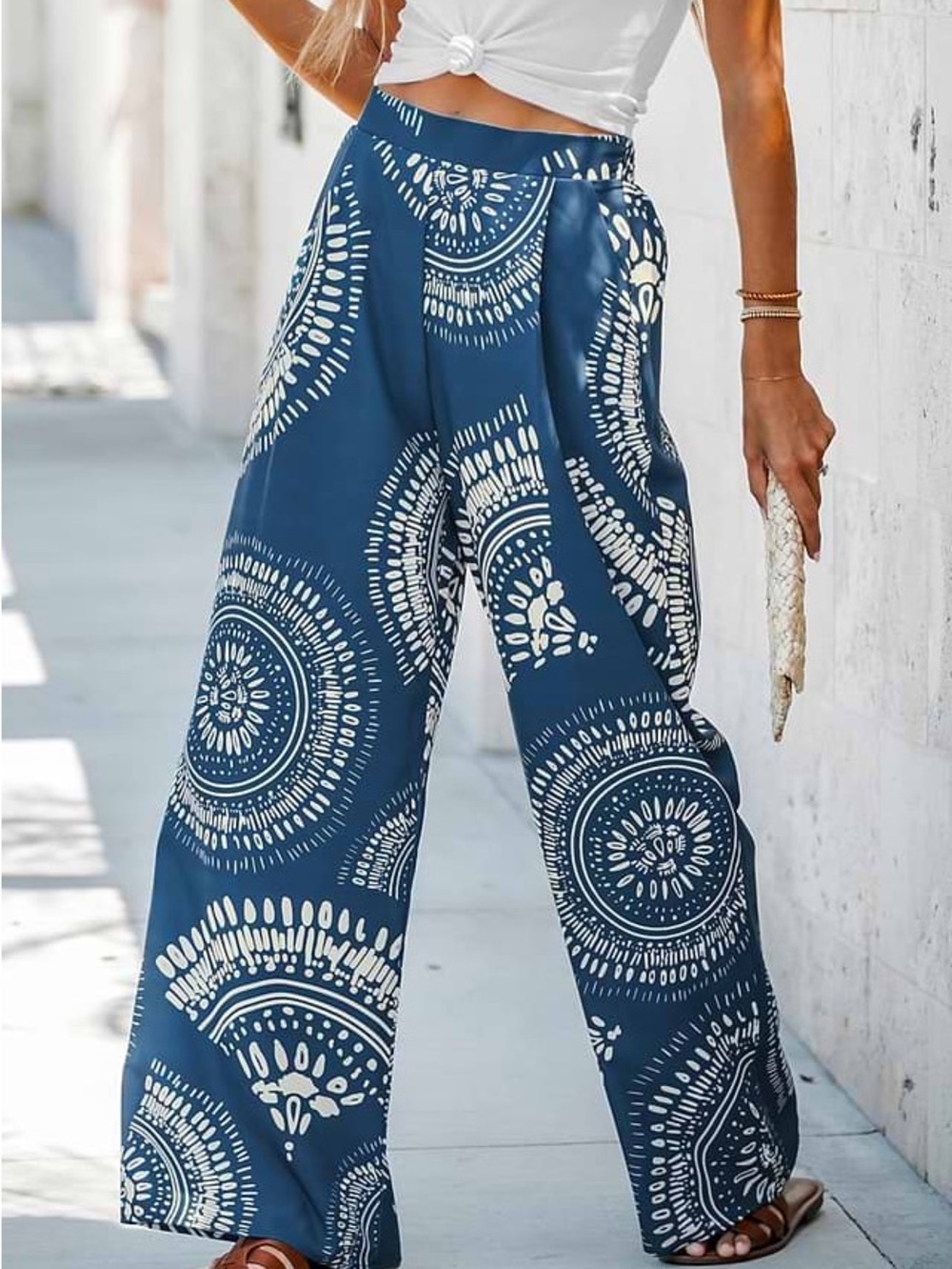 Cupshe Navy and White Wide-Leg Boho Print Pants